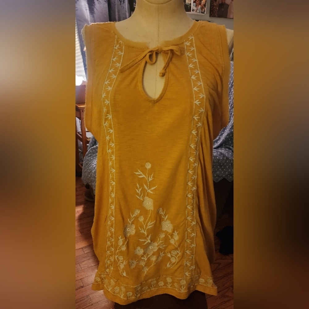 Sleeveless Boho Top By Dip, Size S, Mustard Color with White Embroidery
